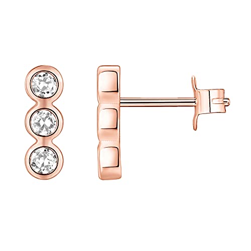 14K Rose Gold Plated 925 Sterling Silver Post Triple Stone Stud | Bezel Set CZ Earrings | Womens Ear Crawlers