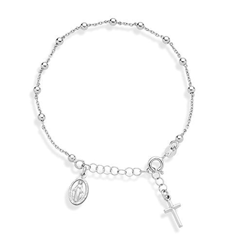 925 Sterling Silver Italian Rosary Cross Bead Charm Link Chain Bracelet for Women Teen Girls, Adjustable, Made in Italy (Length 6 to 7 Inch)