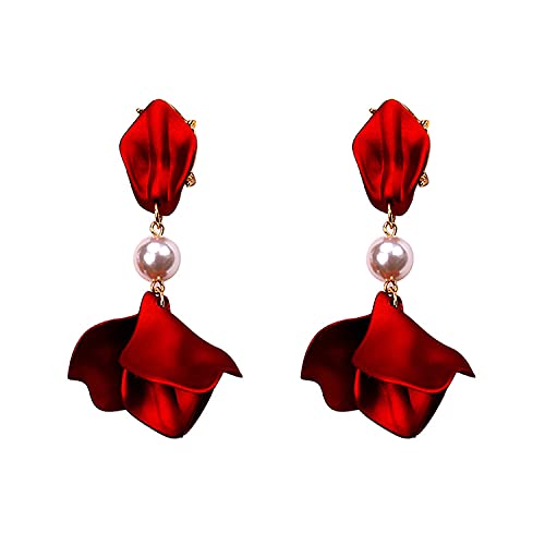 Just Follow Long Acrylic Rose Petal Earrings Dangle Exaggerated Flower Earrings Drop Statement Floral Tassel Earrings for Women and Girls ((Pearl Short Design-Red))