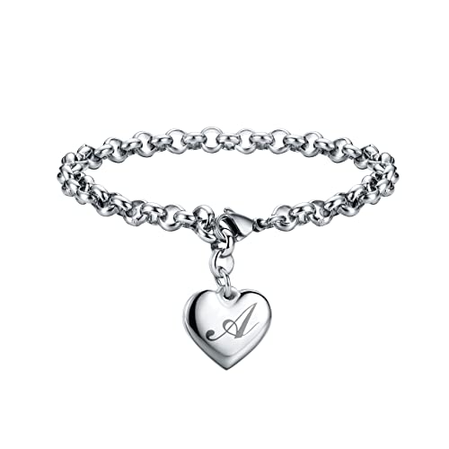 Initial Charm Bracelets Stainless Steel Heart 26 Letters Alphabet Bracelet for Women Valentine's Day Gifts