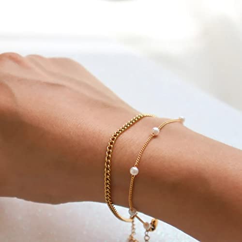 Dainty Pearl Bracelet for Women Gold Tiny Pearl Link Chain Bracelets Minimalist Simple Wedding Jewelry Gift