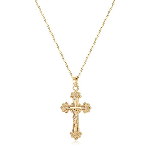 Crucifix Necklace Gold Faith Cross Pendant Vintage 14K Gold Plated Dainty Chain Minimalist Simple God Lords Prayer Religious Jewelry Gift