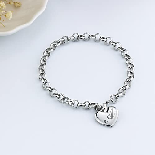 Initial Charm Bracelets Stainless Steel Heart 26 Letters Alphabet Bracelet for Women Valentine's Day Gifts