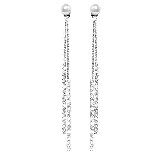 Fashion Long Tassel Crystal Pearl Two Ways Wear Cubic Zirconia Hypoallergenic & Nickel Free Stud Drop Dangle Earrings Jewelry for Girls Women, Chic Silver