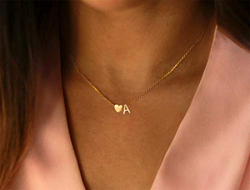 Initial Heart Necklace,18K Gold Plated Stainless Steel Tiny Heart Letter A Necklace Personalized Monogram Name Necklace for Women Girls