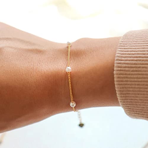 Dainty Pearl Bracelet for Women Gold Tiny Pearl Link Chain Bracelets Minimalist Simple Wedding Jewelry Gift