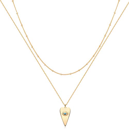 Layered Heart Evil Eye Necklace Handmade 18k Gold Plated Dainty Turquoise Layering Necklace for Women