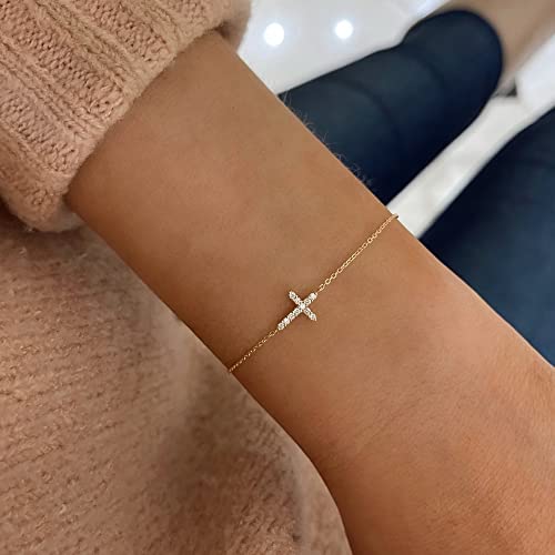 Cross Bracelet for Women, 14k Gold Cubic Zirconia Cross Bracelets Simple Gold Charm Adjustable Bracelets Dainty Cute Sideway Cross Jewelry Confirmation Gifts for Girls