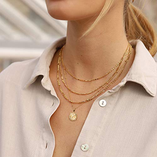 Initial Necklace For Women Girl,14K Gold Plated Round Letter Pendant Necklace Capital Monogram Necklace Alhpabets from A-Z Figaro Chain Necklace(Gold A)