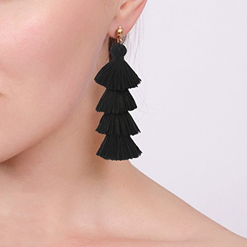 Fashion Gold Tassel Dangle Earrings Layered Long Bonita Tiered Black Thread Tassel Drop Statement Jewelry for Women Girls BAN0054B1