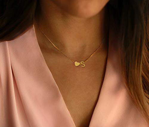 Initial Heart Necklace,18K Gold Plated Stainless Steel Tiny Heart Letter A Necklace Personalized Monogram Name Necklace for Women Girls