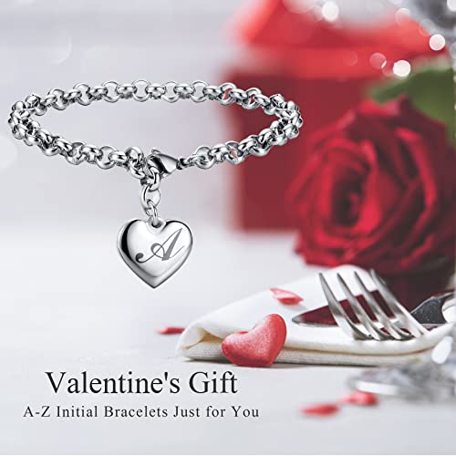 Initial Charm Bracelets Stainless Steel Heart 26 Letters Alphabet Bracelet for Women Valentine's Day Gifts