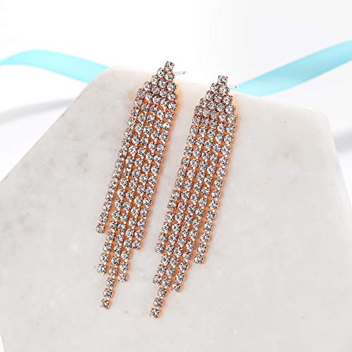 Long Chandelier Tassel Dangle Earrings Party Jewelry Clear Austrian Crystal (Rose Gold)