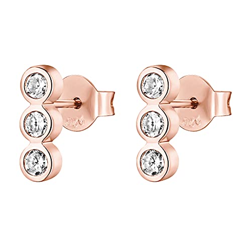 14K Rose Gold Plated 925 Sterling Silver Post Triple Stone Stud | Bezel Set CZ Earrings | Womens Ear Crawlers