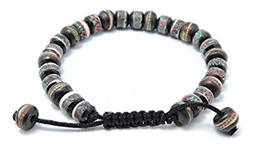 Hands Of Tibet Tibetan Prayer Mala Embedded Medicine Bracelet Yoga Healing Beads Adjustable Wrist Mala Many Color Choices (Black) Natural Himalaya Yak Bone Prayer Beads Yoga Healing for Meditation