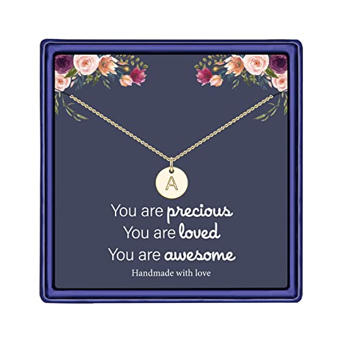 Easter Gifts for Kids Girls, 14K Gold Filled Handmade Personalized Letter Necklace Tiny Double Side Engraved Initial Necklace for Women Teens Girls Pendant A