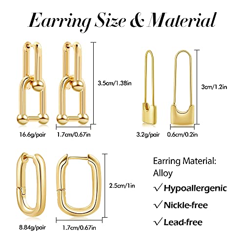 3paris 14k Gold Plated Ball U Shape Pin Y2K Style Chunky Earring Link Chain Chunky Circle Hoop Earrings Paperclip Link Chain Jewelry Drop Dangle Earrings set for women teen girls