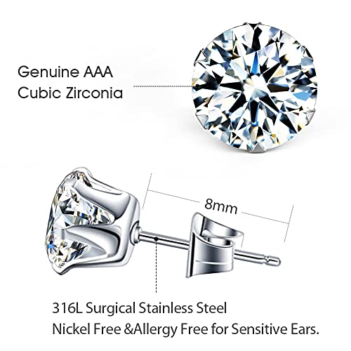 6 Pairs Stainless Steel Stud Earrings Set Hypoallergenic Cubic Zirconia Earrings White Gold 316L CZ Earrings for Women Girls 3-8mm