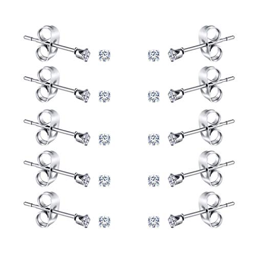 2-4MM Tiny Women's Stainless Steel Round Clear Cubic Zirconia Stud Earrings(10 Pairs)