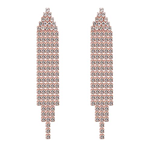 Long Chandelier Tassel Dangle Earrings Party Jewelry Clear Austrian Crystal (Rose Gold)