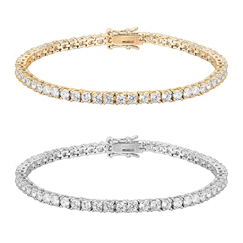 14K Gold Plated 3mm Cubic Zirconia Classic Tennis Bracelet | Gold Bracelets for Women | Size 6.5-7.5 Inch (6.50, Pack White/Yellow Plated)