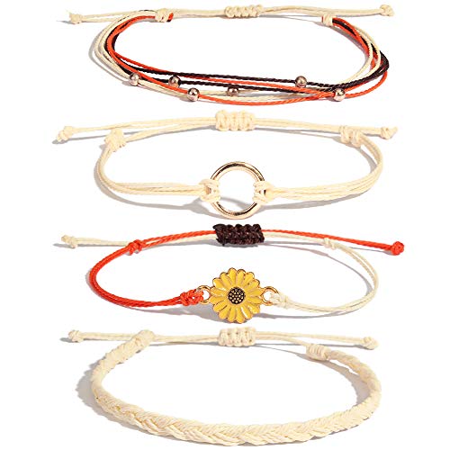 Sunflower String Bracelet Handmade Braided Rope Charms Boho Surfer Bracelet for Teen Girls Women(Beige)