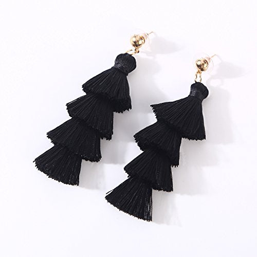 Fashion Gold Tassel Dangle Earrings Layered Long Bonita Tiered Black Thread Tassel Drop Statement Jewelry for Women Girls BAN0054B1