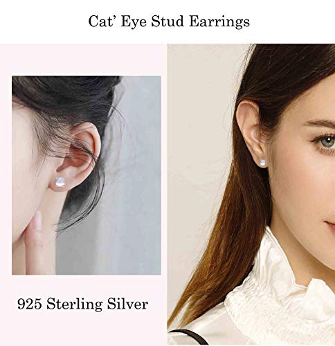 Hypoallergenic Gemstone Stud Earrings for Women Girls 925 Sterling Silver Cute Cat' Eye Stone Pink Earrings Studs for Sensitive Ears.