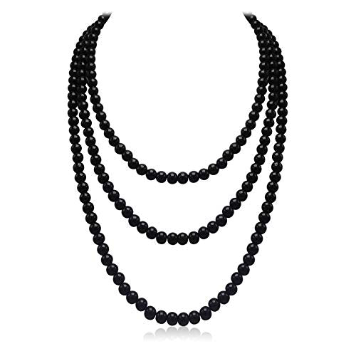 Black Long Pearl Necklace for Women Layered Faux Pearl Beads Strand Necklace Costume Jewelry, 69",Diameter Pearl 8MM