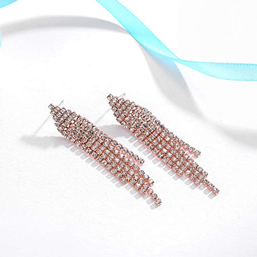 Long Chandelier Tassel Dangle Earrings Party Jewelry Clear Austrian Crystal (Rose Gold)