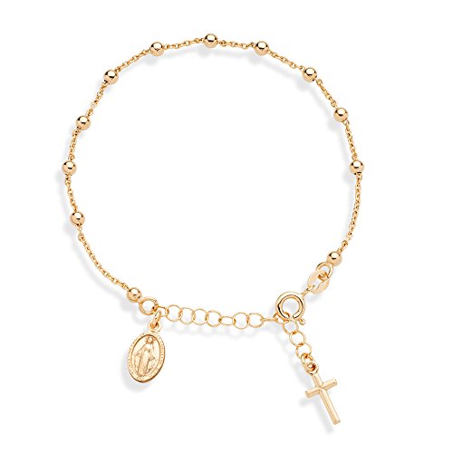 18K Gold Over Sterling Silver Italian Rosary Cross Bead Charm Link Chain Bracelet for Women Teen Girls, Adjustable, 925 Made in Italy (Length 6 to 7 Inch)