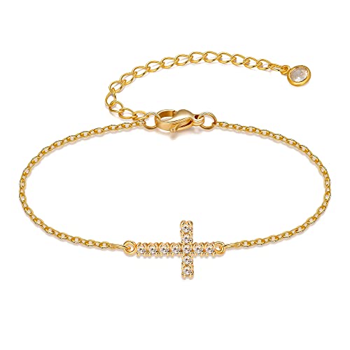 Cross Bracelet for Women, 14k Gold Cubic Zirconia Cross Bracelets Simple Gold Charm Adjustable Bracelets Dainty Cute Sideway Cross Jewelry Confirmation Gifts for Girls