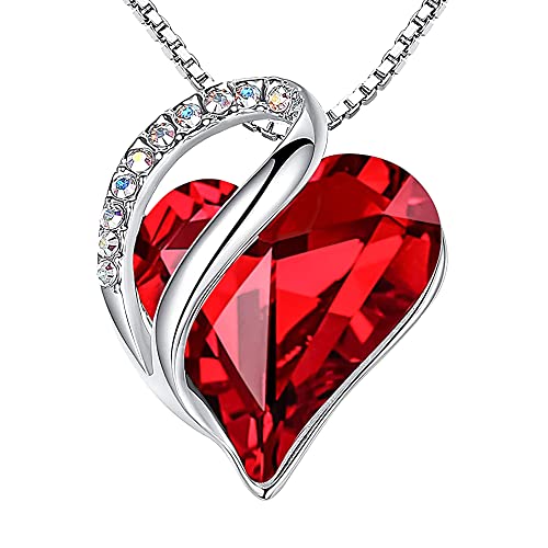 Infinity Love Heart Pendant Necklace, January & July Birthstone Crystal Necklaces for Women, Silver Tone Jewelry Gifts for Women, Siam Ruby Red, 18-inch Chain & 2-inch Extender