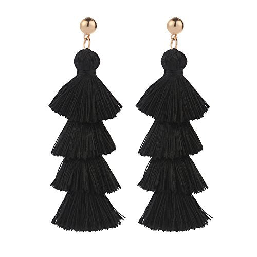 Fashion Gold Tassel Dangle Earrings Layered Long Bonita Tiered Black Thread Tassel Drop Statement Jewelry for Women Girls BAN0054B1