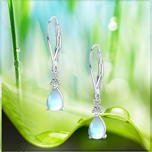 Moonstone Leverback Earrings for Women Sterling Silver Teardrop Bridal Dangle Earrings Moonstone Dewdrop Earrings Girls Moonstone Jewelry Gifts Hypoallergenic Earrings