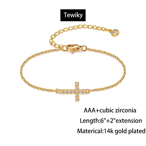 Cross Bracelet for Women, 14k Gold Cubic Zirconia Cross Bracelets Simple Gold Charm Adjustable Bracelets Dainty Cute Sideway Cross Jewelry Confirmation Gifts for Girls