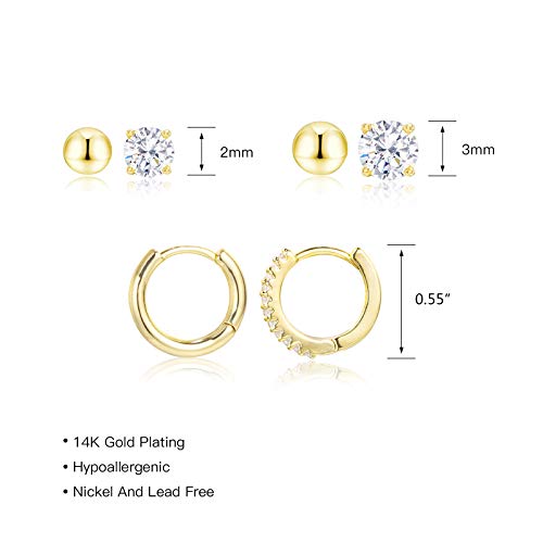 Earring Sets for Multiple Piercing | 14K Gold Plated Studs Earrings and Hoops Set Hypoallergenic Small Hoop CZ Ball Studs Earrings for Women Girls（6 Pairs）