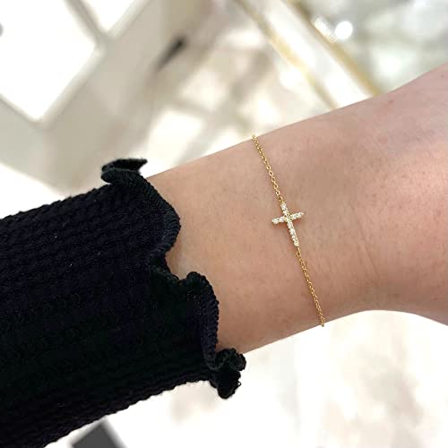 Cross Bracelet for Women, 14k Gold Cubic Zirconia Cross Bracelets Simple Gold Charm Adjustable Bracelets Dainty Cute Sideway Cross Jewelry Confirmation Gifts for Girls