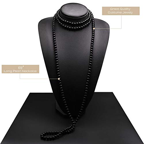 Black Long Pearl Necklace for Women Layered Faux Pearl Beads Strand Necklace Costume Jewelry, 69",Diameter Pearl 8MM