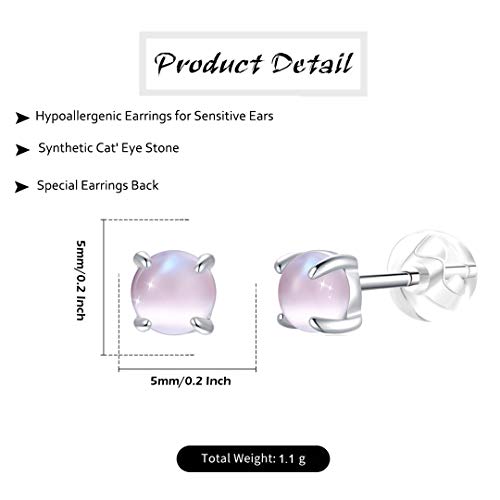 Hypoallergenic Gemstone Stud Earrings for Women Girls 925 Sterling Silver Cute Cat' Eye Stone Pink Earrings Studs for Sensitive Ears.