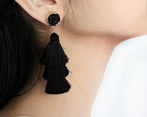 Black Layered Tassel Drop Earrings Tiered Thread Tassel Dangle Earrings for Women Girls Bohemian Boho Statement Fringe Black Tassel Earrings Valentines Gift