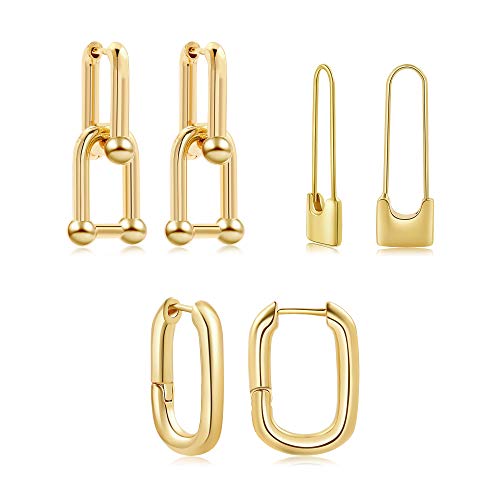 3paris 14k Gold Plated Ball U Shape Pin Y2K Style Chunky Earring Link Chain Chunky Circle Hoop Earrings Paperclip Link Chain Jewelry Drop Dangle Earrings set for women teen girls