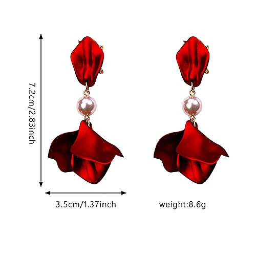 Just Follow Long Acrylic Rose Petal Earrings Dangle Exaggerated Flower Earrings Drop Statement Floral Tassel Earrings for Women and Girls ((Pearl Short Design-Red))