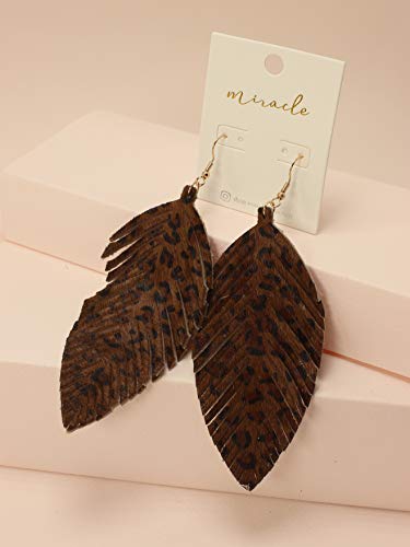 Large Genuine Soft Leather Handmade Fringe Feather Lightweight Tear Drop Dangle Color Earrings for Women Girls Fashion (BROWN LEOPARD 2)