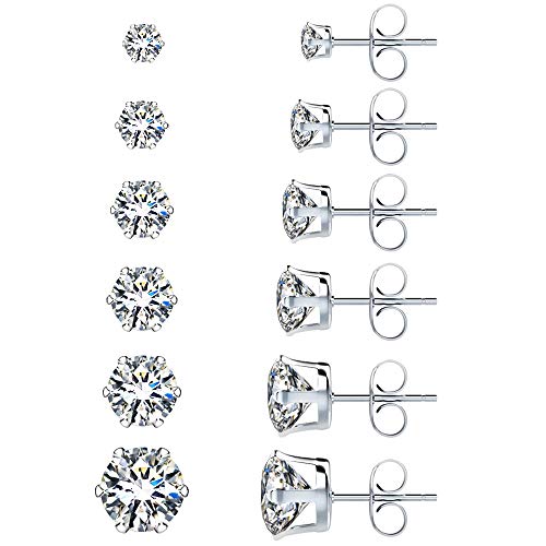 6 Pairs Stainless Steel Stud Earrings Set Hypoallergenic Cubic Zirconia Earrings White Gold 316L CZ Earrings for Women Girls 3-8mm