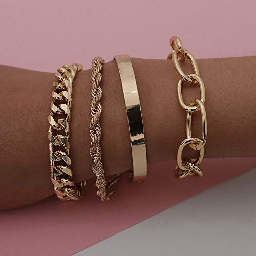 Dainty Boho Gold Silver Chain Bracelets Set for Women Adjustable Fashion Beaded Chunky Flat Cable Chain Punk Bracelets Jewelry for Women Girls Gift Set of 4 (Gold)