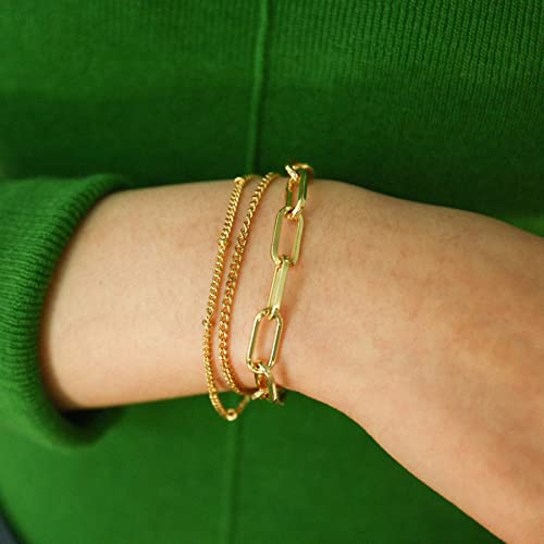 Gold Chain Bracelet Sets for Women Girls 14K Gold Plated Dainty Link Paperclip Bracelets Stake Adjustable Layered Metal Link Bracelet Set Fashion Jewelry. (Style-2)