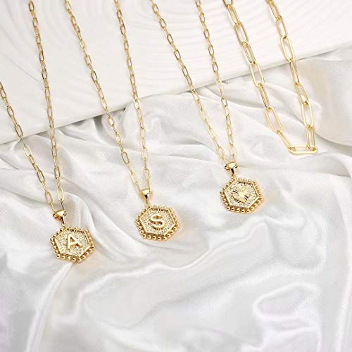 Dainty Layering Initial Necklaces for Women, 14K Gold Plated Paperclip Chain Necklace for Women Simple Cute Hexagon Letter Pendant Initial A Necklace Choker Necklaces Gold Layered Necklaces for Women