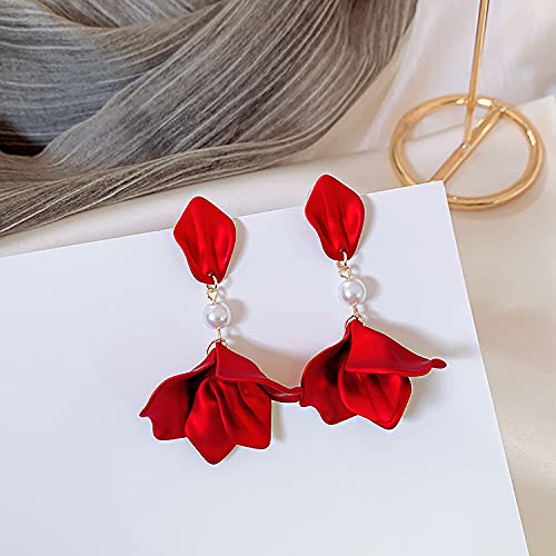 Just Follow Long Acrylic Rose Petal Earrings Dangle Exaggerated Flower Earrings Drop Statement Floral Tassel Earrings for Women and Girls ((Pearl Short Design-Red))