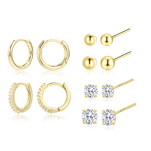 Earring Sets for Multiple Piercing | 14K Gold Plated Studs Earrings and Hoops Set Hypoallergenic Small Hoop CZ Ball Studs Earrings for Women Girls（6 Pairs）